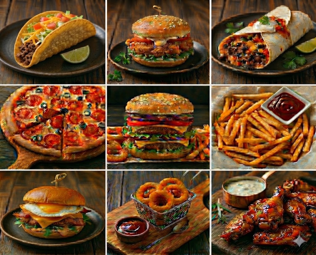 JimmyBOGO food gallery — tacos, burgers, pizza, fries and wings
